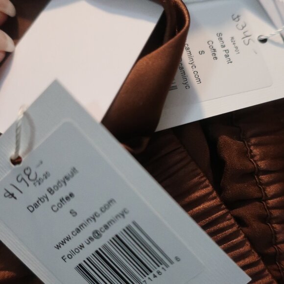 NWT Womens Cami NYC Sena Silk Blend Coffee Brown Pants S/Darby Bodysuit Set S - Picture 11 of 11